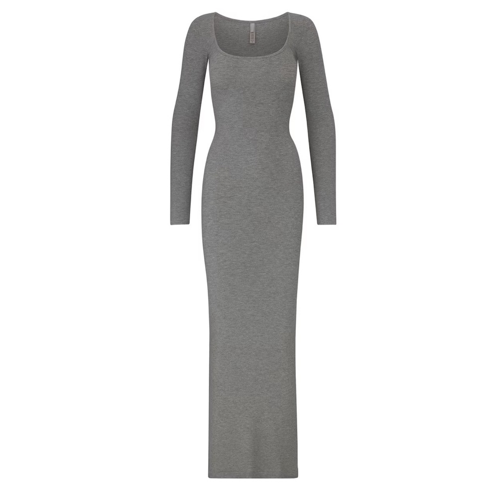 SKIMS Soft Lounge Rib Long Sleeve Maxi Dress in Heather Grey Stretch Body Slip